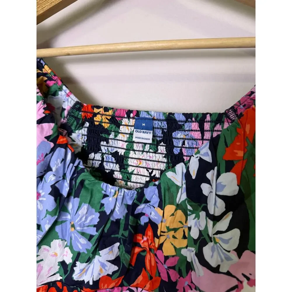 Old Navy Navy Floral Puff-Sleeve Blouse with Pink, Green & Red Flowers